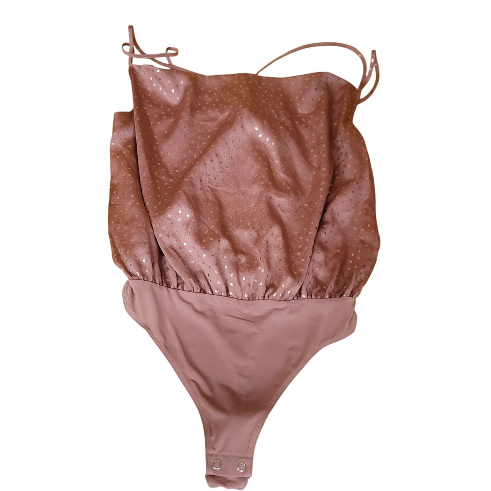 Express Womens Mauve Pink Gold Foil Dot Satin Draped Bodysuit Small NEW 28630797